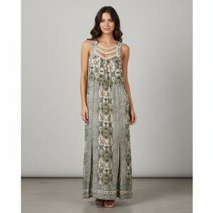 FREE PEOPLE Maxi Dress Sleeveless Woven Sheer Border Hem Lace Trim, Ivory/Aqua S